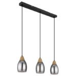 Corp de iluminat suspendat metal negru mat, sticlă fumurie, imitație de lemn închis, cablu PVC negru, reglaj înălțime, L x l x I: 550x100x1200mm, fără becuri 3xE27 15W 230V - imagine 3
