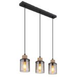 Lampă suspendată metal negru mat, lemn maro închis, sticlă fumurie, cablu PVC negru, înălțimea poate fi redusă (lampă suspendată), L x l x I: 550x100x1200mm, fără 3x E27 15W 230V