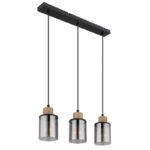 Lampă suspendată metal negru mat, lemn maro închis, sticlă fumurie, cablu PVC negru, înălțimea poate fi redusă (lampă suspendată), L x l x I: 550x100x1200mm, fără 3x E27 15W 230V - imagine 3