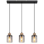 Lampă suspendată metal negru mat, lemn maro închis, sticlă fumurie, cablu PVC negru, înălțimea poate fi redusă (lampă suspendată), L x l x I: 550x100x1200mm, fără 3x E27 15W 230V - imagine 4