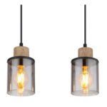 Lampă suspendată metal negru mat, lemn maro închis, sticlă fumurie, cablu PVC negru, înălțimea poate fi redusă (lampă suspendată), L x l x I: 550x100x1200mm, fără 3x E27 15W 230V - imagine 5