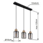 Lampă suspendată metal negru mat, lemn maro închis, sticlă fumurie, cablu PVC negru, înălțimea poate fi redusă (lampă suspendată), L x l x I: 550x100x1200mm, fără 3x E27 15W 230V - imagine 6