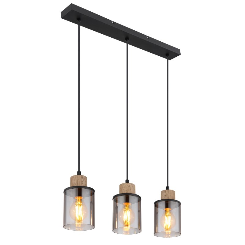 reid-15707-3h-g28125 Lampă suspendată metal negru mat, lemn maro închis, sticlă fumurie, cablu PVC negru, înălțimea poate fi redusă (lampă suspendată), L x l x I: 550x100x1200mm, fără 3x E27 15W 230V - imagine 1