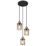 Lampă cu suspensie metal negru mat, lemn maro închis, sticlă fumurie, cablu PVC negru, ø: 270mm, I: 1200mm, excl. 3x E27 15W 230V