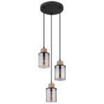 Lampă cu suspensie metal negru mat, lemn maro închis, sticlă fumurie, cablu PVC negru, ø: 270mm, I: 1200mm, excl. 3x E27 15W 230V - imagine 3