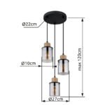 Lampă cu suspensie metal negru mat, lemn maro închis, sticlă fumurie, cablu PVC negru, ø: 270mm, I: 1200mm, excl. 3x E27 15W 230V - imagine 5