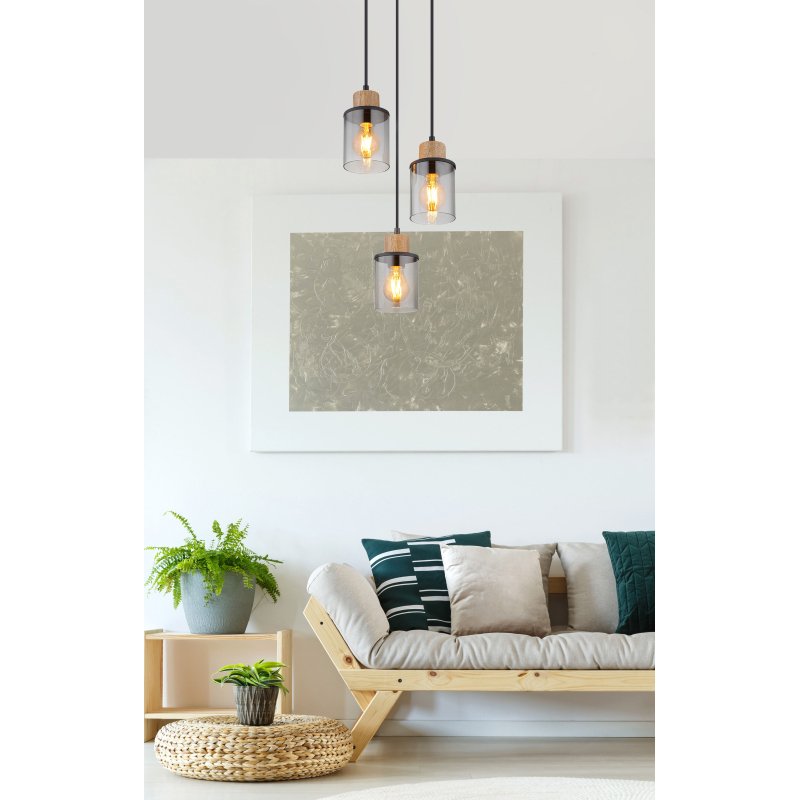reid-15707-3hr-g28126-5 Lampă cu suspensie metal negru mat, lemn maro închis, sticlă fumurie, cablu PVC negru, ø: 270mm, I: 1200mm, excl. 3x E27 15W 230V - imagine 1