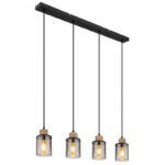 Lampă cu suspensie metal negru mat, lemn maro închis, sticlă fumurie, cablu PVC negru, L x l x I: 780x100x1200mm, fără 4x E27 15W 230V