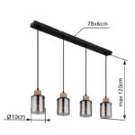 Lampă cu suspensie metal negru mat, lemn maro închis, sticlă fumurie, cablu PVC negru, L x l x I: 780x100x1200mm, fără 4x E27 15W 230V - imagine 6