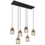 Lampă cu suspensie metal negru mat, lemn maro închis, sticlă fumurie, cablu PVC negru, L x l x I: 620x180x1200mm, fără 6x E27 15W 230V