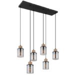 Lampă cu suspensie metal negru mat, lemn maro închis, sticlă fumurie, cablu PVC negru, L x l x I: 620x180x1200mm, fără 6x E27 15W 230V - imagine 3