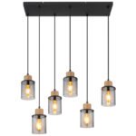 Lampă cu suspensie metal negru mat, lemn maro închis, sticlă fumurie, cablu PVC negru, L x l x I: 620x180x1200mm, fără 6x E27 15W 230V - imagine 4