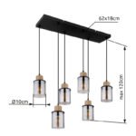Lampă cu suspensie metal negru mat, lemn maro închis, sticlă fumurie, cablu PVC negru, L x l x I: 620x180x1200mm, fără 6x E27 15W 230V - imagine 6