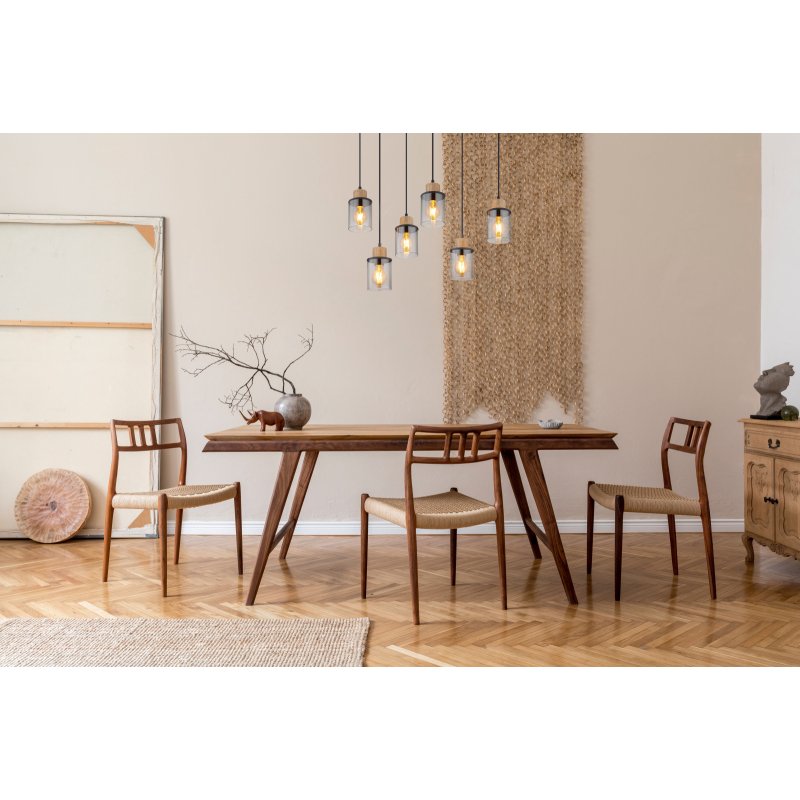 reid-15707-6h-g28128-6 Lampă cu suspensie metal negru mat, lemn maro închis, sticlă fumurie, cablu PVC negru, L x l x I: 620x180x1200mm, fără 6x E27 15W 230V - imagine 1