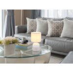 Lampă de masă ceramică de culoare cenușie, material textil de culoare cenușie, cablu PVC alb, comutator basculant pe cablu, ø: 175mm, H: 315mm, lungime cablu 1300mm, excl. 1x E14 40W 230V - imagine 2