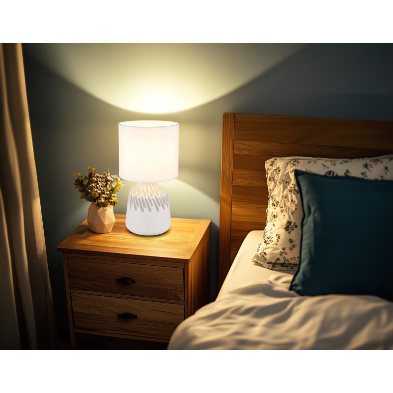 rela-21733w-g29432-6 Lampă de masă ceramică alb, textil alb, cablu PVC alb, comutator basculant pe cablu, ø: 175mm, H: 315mm, lungime cablu 1300mm, excl. 1x E14 40W 230V - imagine 1