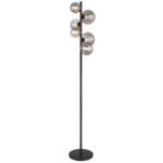 Lampă de podea metal negru mat, sticlă fumurie, întrerupător cu pedală în cablu, L x l x I: 295x280x1550mm, lungime cablu 2400mm, sticlă ø: 2x12cm, 2x10cm, 2x15cm, incl. 6x G9 LED 3.5W 230V, 350lm Sursă, 130lm Ieșire, 3000K, incl. bec LED 10676