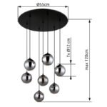 Lampă suspendată metal negru mat, globuri de sticlă de culoare fumurie, cablu PVC negru, ø: 550mm, H: 1200mm, incl. 7x G9 LED 3.5W 230V, sursă 350lm, putere 130lm, 3000K - imagine 5