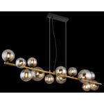 Suspensie metal negru mat, metal alamă mată, sticlă chihlimbar, cablu PVC transparent, L x l x I: 1200x345x1200mm, sticlă-ø: 6x10cm, 5x12cm, 2x15 cm, incl. 13x G9 LED 3.5W 230V, 350lm Sursă, 290lm Ieșire, 3000K - imagine 3