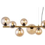 Suspensie metal negru mat, metal alamă mată, sticlă chihlimbar, cablu PVC transparent, L x l x I: 1200x345x1200mm, sticlă-ø: 6x10cm, 5x12cm, 2x15 cm, incl. 13x G9 LED 3.5W 230V, 350lm Sursă, 290lm Ieșire, 3000K - imagine 5