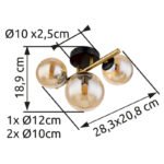 Plafoniera metal negru mat, metal alamă, sticlă chihlimbar, Lxlxa: 280x210x190mm, 1 sticlă DM: 12 cm, 2 pahare DM: 10 cm, inclusiv 3x G9 LED 3,5W 230V, sursă 350lm, ieșire 80lm, 3000K incl. Bec LED 10676 - imagine 6