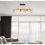 Plafoniera metal negru mat, metal alamă mat, sticlă chihlimbar, LxLxA: 870x300x380mm, 5 pahare DM: 10 cm, 4 pahare DM: 12 cm, inclusiv 9x G9 LED 3,5W 230V, sursă 350lm, ieșire 80lm, inclusiv 3000K Bec LED 10676