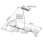 Lampă cu suspensie din metal nichel mat, sticlă albă, cablu PVC transparent, L x l x I: 870x345x1200, sticlă-ø: 4x10cm, 3x12cm, 2x15 cm, inclusiv 9x G9 LED 3.5W 230V, 350lm Sursă, 310lm Ieșire, 3000K - imagine 6