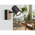 Aplică metal negru mat, MDF, imitație de lemn închis, întrerupător pe produs, l x I: 70x100mm, A: 135mm, fără 1x GU10 35W 230V