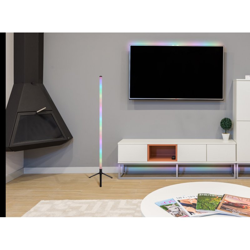 rocky-28062-g29450-6 Lampă de podea plastic negru mat, plastic opal, cablu PVC negru, dimmabilă, schimbător de culori RGB, efect curcubeu RGB, aplicație, excl. adaptor, USB-A 2.0 - USB-C, telecomandă, bat. inclusă 1x CR2032, H: 1130mm, cablu 1500mm, incl. LED RGB 7W 5V - imagine 1