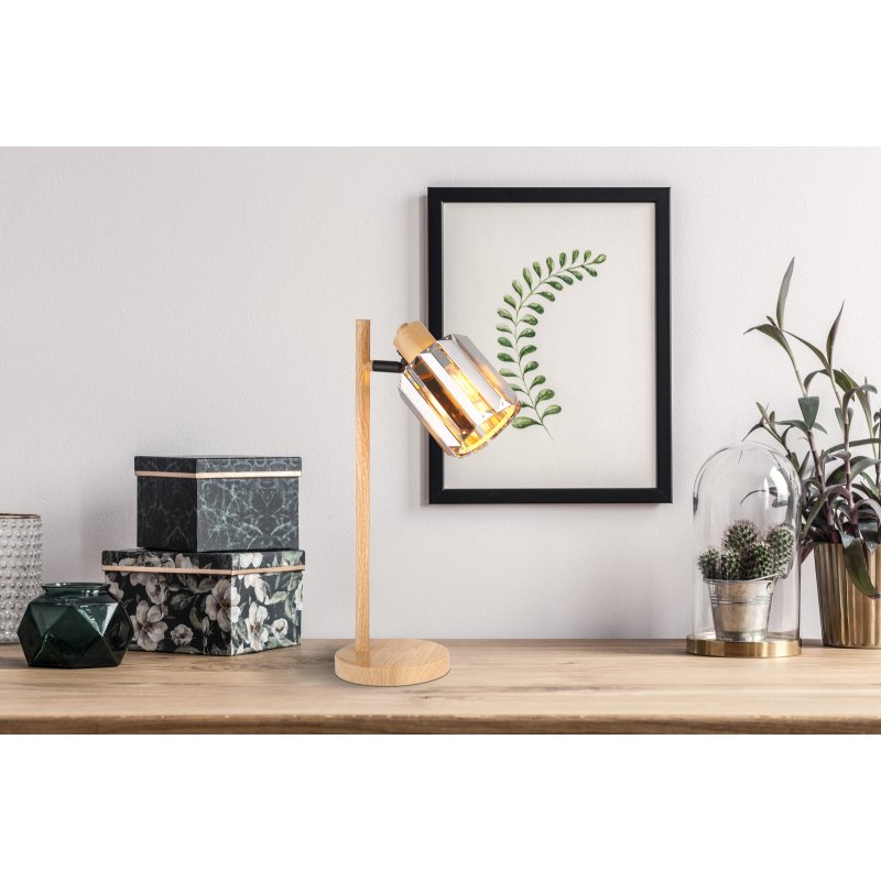 run-50220146-g30022-6 Lampă de masă metal aspect lemn, cristale K5 de culoare fum, cablu PVC negru, comutator basculant pe cablu, LxLxA: 150x130x400mm, lungime cablu 1600mm, excl. 1x E14 40W 230V - imagine 1