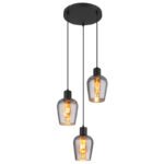 Suspendare metal negru mat, sticla fumurie, cablu PVC negru, inaltime scurta, ø: 285mm, H: 1500mm, excl. 3x E27 40W 230V