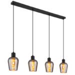 Suspensie metal negru mat, sticla fumurie, cablu PVC negru, inaltime scurta, LxLxH: 1035x135x1500mm, excl. 4x E27 40W 230V