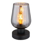 Lampa de masa metal negru mat, sticla fumurie, cablu PVC negru, comutator basculant pe cablu, ø: 135mm, H: 220mm, lungime cablu 1500mm, excl. 1x E27 40W 230V
