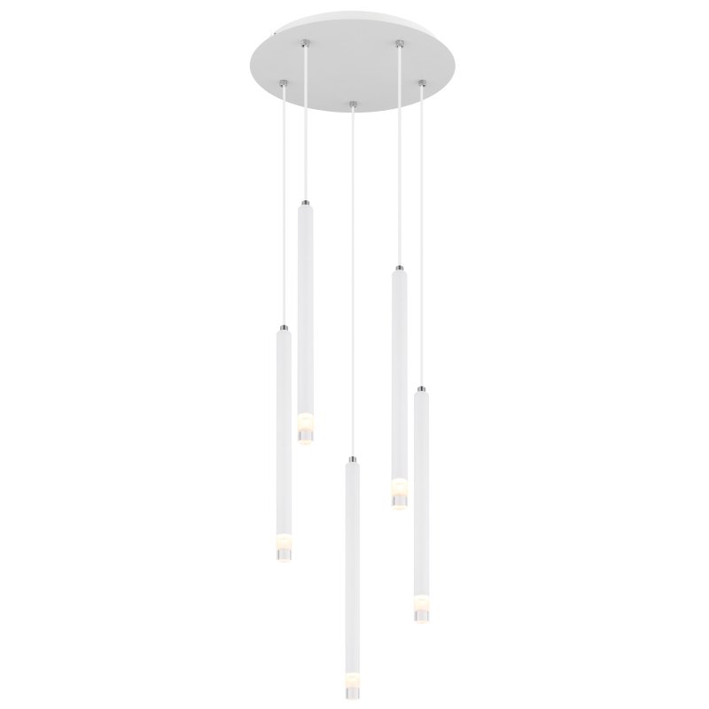 ryan-15629w-5-g29385 Suspensie metal alb mat, metal alb mat, acril satinat, transparent, cablu PVC alb, înălțimea poate fi scurtată, ø: 340mm, H: 1200mm, excl. 5x G9 LED 4W 230V - imagine 1
