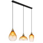 Lampă suspendată metal negru mat, sticlă ambrată, gradient transparent, metal alamă mată, cablu PVC negru, înălțimea poate fi redusă, LxLxA: 910x250x1200mm, dimensiuni sticlă: 1 x 15 cm, 21 cm, 25 cm fiecare, fără 3x E27 60W 230V