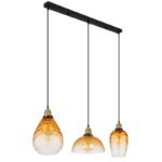 Lampă suspendată metal negru mat, sticlă ambrată, gradient transparent, metal alamă mată, cablu PVC negru, înălțimea poate fi redusă, LxLxA: 910x250x1200mm, dimensiuni sticlă: 1 x 15 cm, 21 cm, 25 cm fiecare, fără 3x E27 60W 230V - imagine 4