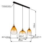 Lampă suspendată metal negru mat, sticlă ambrată, gradient transparent, metal alamă mată, cablu PVC negru, înălțimea poate fi redusă, LxLxA: 910x250x1200mm, dimensiuni sticlă: 1 x 15 cm, 21 cm, 25 cm fiecare, fără 3x E27 60W 230V - imagine 6