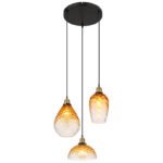 Lampă suspendată metal negru mat, sticlă chihlimbar, gradient transparent, metal alamă mată, cablu PVC negru, înălțimea poate fi scurtată, ø: 460mm, H: 1500mm, diametrul sticlei: 1 x 15 cm, 21 cm, 25 cm fiecare, fără 3x E27 60W 230V