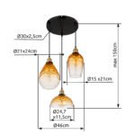 Lampă suspendată metal negru mat, sticlă chihlimbar, gradient transparent, metal alamă mată, cablu PVC negru, înălțimea poate fi scurtată, ø: 460mm, H: 1500mm, diametrul sticlei: 1 x 15 cm, 21 cm, 25 cm fiecare, fără 3x E27 60W 230V - imagine 5