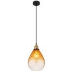 Lampă suspendată metal negru mat, sticlă ambrată, gradient transparent, metal alamă mată, cablu PVC negru, înălțimea poate fi scurtată, ø: 210mm, H: 1200mm, excl. 1x E27 60W 230V