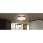 Plafoniera, plastic negru, plastic satinat, plastic alb, iluminare din spate, 3 niveluri de iluminare folosind un comutator de perete (100-50-10%), functie de memorie, IP44, Ø290,V: 25, inclusiv 1xLED 18W 230V, 2100lm sursa,iesire 1600lm,3000K