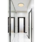 Plafonieră din plastic nichel mat/satinat/alb, alb, mai multe niveluri prin comutatorul de perete, iluminare din spate,memorie,IP44, 3 niveluri prin comutatorul de perete (100-50-10%), ø:294mm I:25mm, LED 18W 230V, 2100lm Sursă, 1600lm Ieșire, 3000K