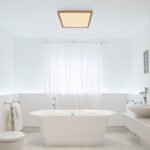 Plafonieră cu optică din lemn de plastic, plastic satinat/alb, alb, funcție de memorie, IP44, 3 niveluri de lumină prin intermediul comutatorului de perete (100-50-10%), L x l x I: 420x420x25mm, incl. LED 24W 230V, 2700lm Sursă, 2300lm Ieșire, 3000K - imagine 2