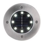 Lampa solară din oțel inoxidabil, plastic negru, set de 4buc, rotunde si plate cu tepus in pamant, IP44, întrerupător, D: 118, H: 130, incl. 8xLED 0.1W 3V , alb, 6500K - imagine 3
