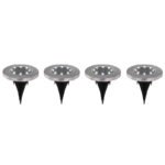 Lampa solară din oțel inoxidabil, plastic negru, set de 4buc, rotunde si plate cu tepus in pamant, IP44, întrerupător, D: 118, H: 130, incl. 8xLED 0.1W 3V , alb, 6500K - imagine 4