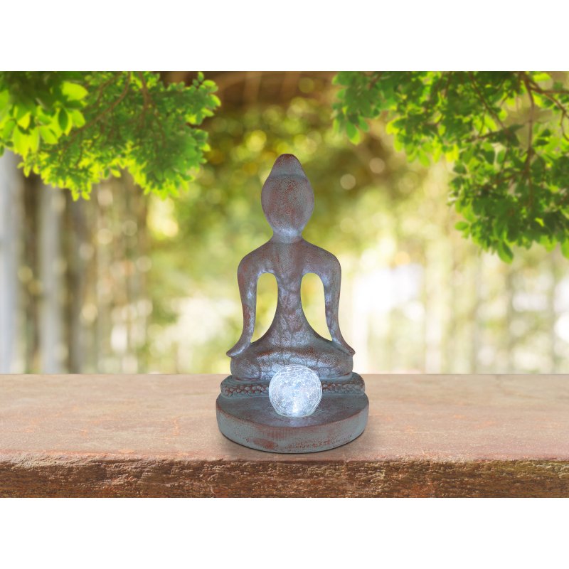 solar-33569-g27470-6 Lampa solară plastic de culoare bronz, gri,cu sticlă efect spart transparentă, IP44, forma Buddha așezat cu bilă, LxLxH: 175x150x300mm, inclusiv LED 0.06W 3V, 6000K - imagine 1
