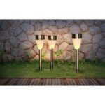 Lampa solară din oțel inoxidabil, plastic alb satinat, set de 3buc , LED-uri care pâlpâie, IP44, întrerupător, D: 55, H: 365, incl. 3xLED 0.06W 3.2V, galben