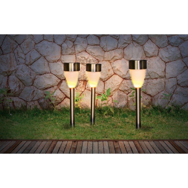 solar-33576-3-g25430-4 Lampa solară din oțel inoxidabil, plastic alb satinat, set de 3buc , LED-uri care pâlpâie, IP44, întrerupător, D: 55, H: 365, incl. 3xLED 0.06W 3.2V, galben - imagine 1