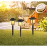 Lampa solară din plastic negru, plastic satinat, LED-uri care pâlpâie, set de 3buc, IP44, întrerupător, LxWxH: 78x78x368, incl. 10xLED 0.1W 3V, galben