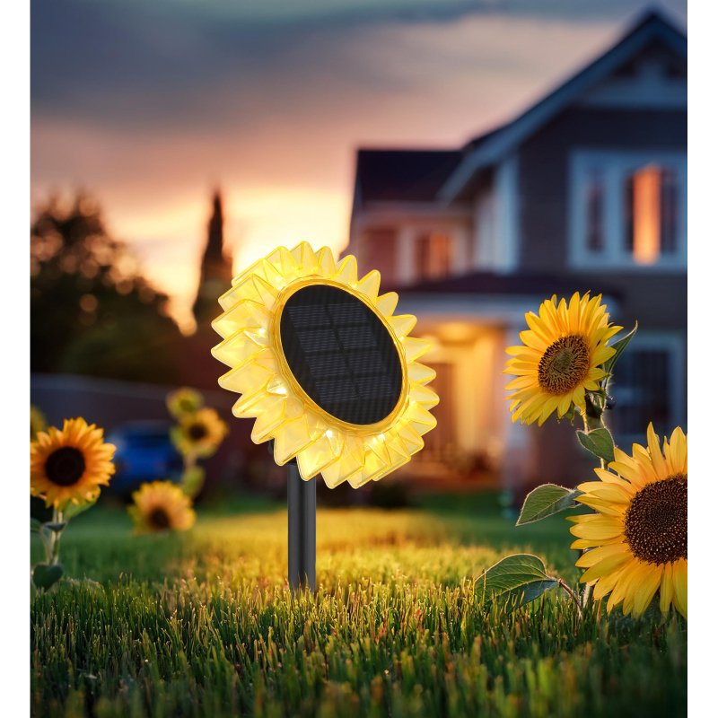 solar-33598-g29349-6 Lumină solară din plastic negru mat, plastic galben, comutator de presiune, IP44, soare, ø: 130mm, H: 295mm, incl. 8x LED 0.06W 3V, 3000K - imagine 1